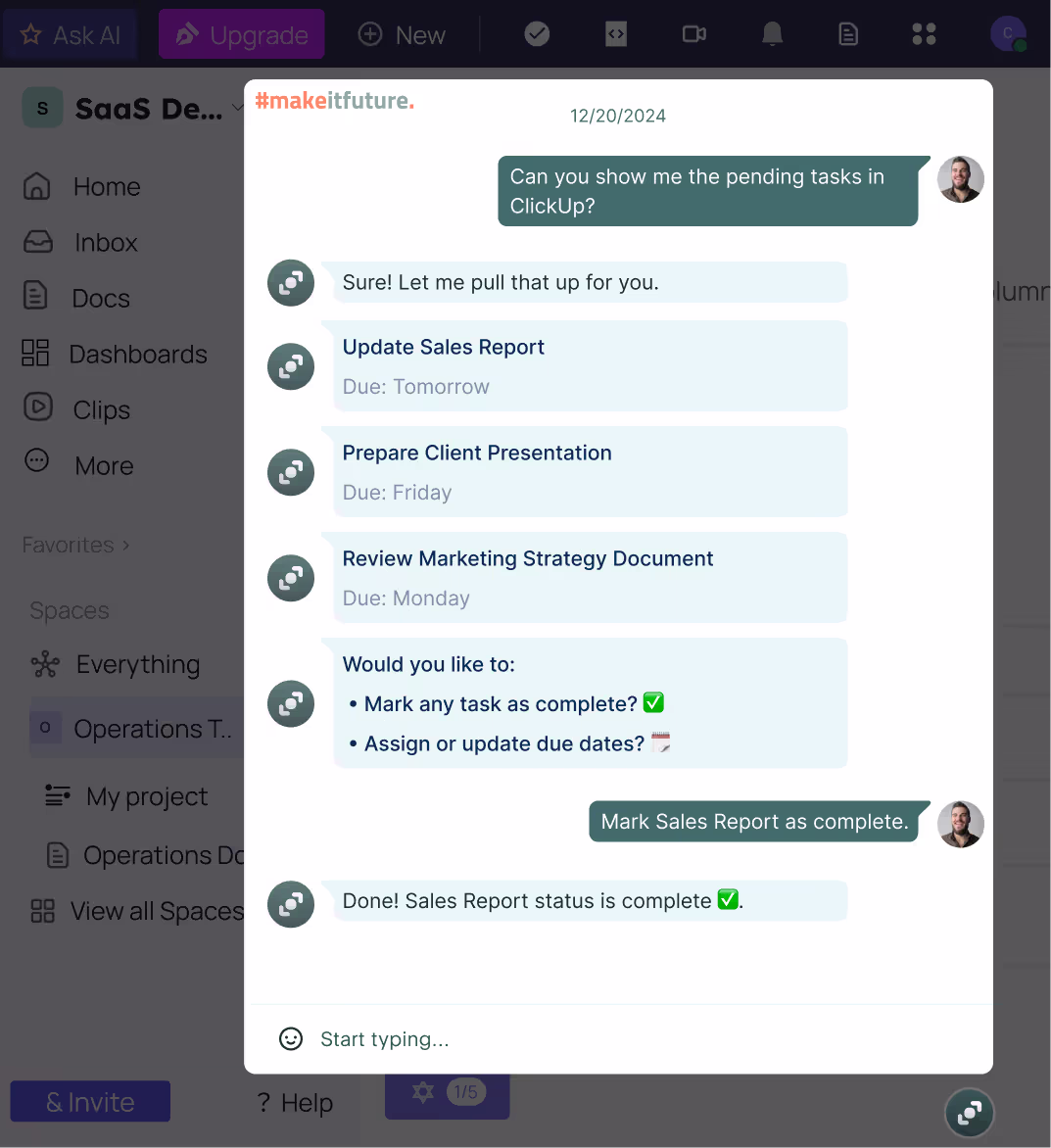 An internal-support AI assistant inside a messaging app pulling deal data and creating new tasks on demand.