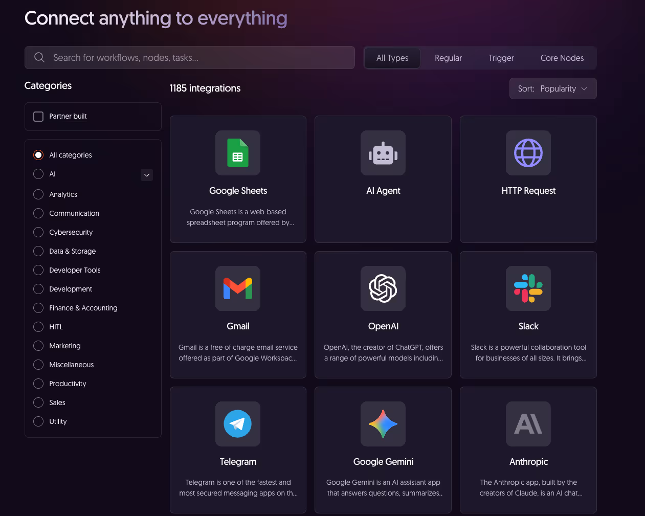 n8n workflow automation platform interface showing custom integrations