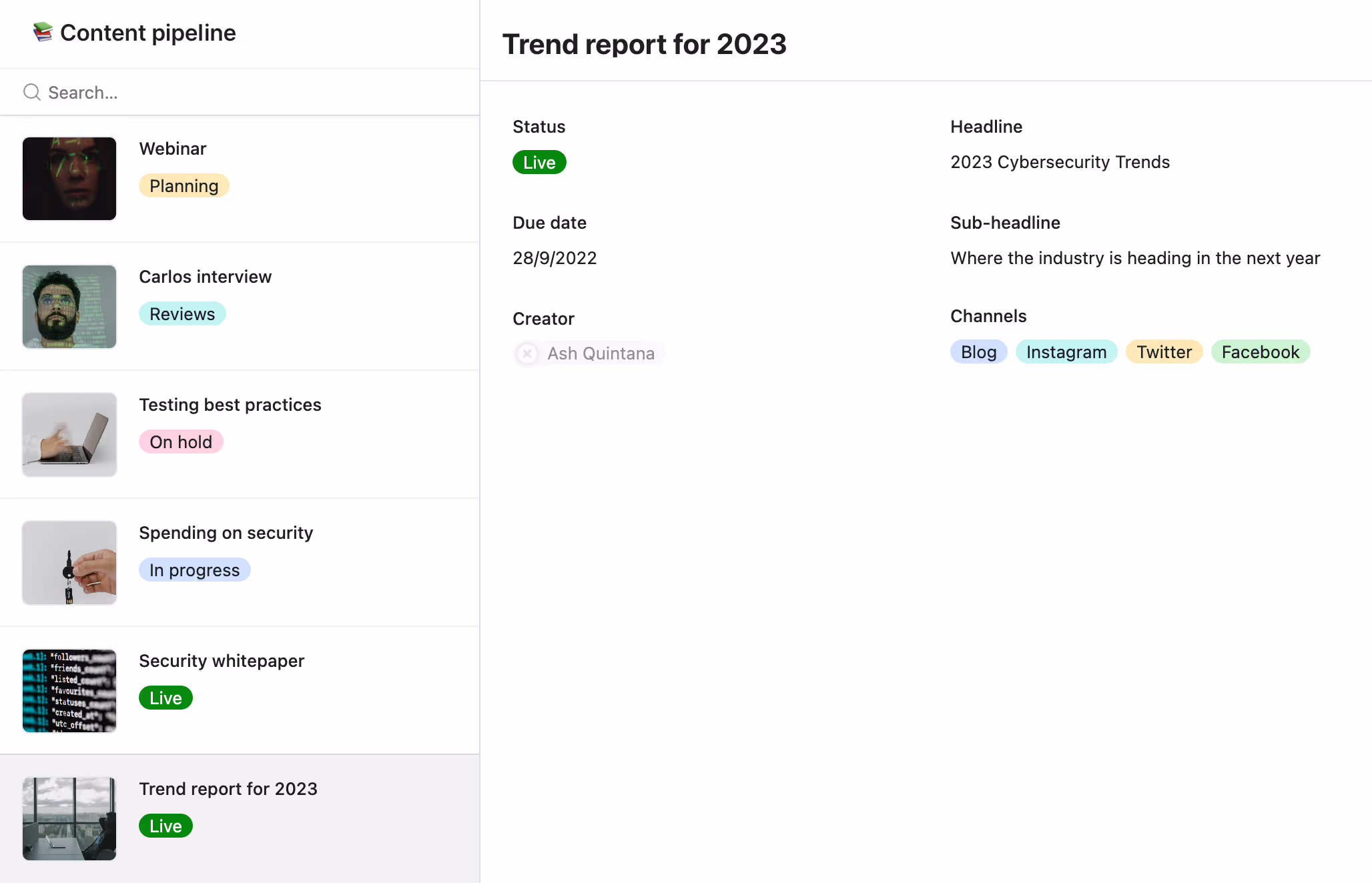 Airtable editorial content calendar interface