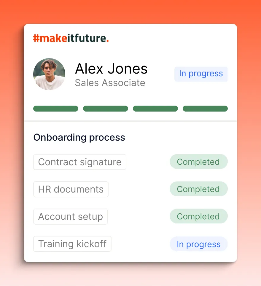 Employee onboarding status for Alex Jones, Sales Associate. Three tasks completed: Contract signature, HR documents, Account setup. One task in progress: Training kickoff.